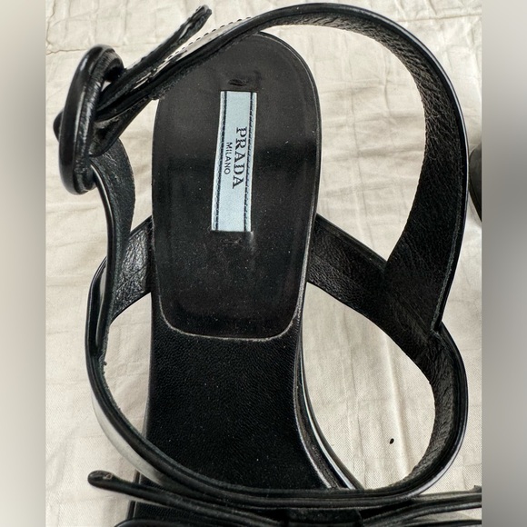 PRADA Black Patent Leather T-Strap Sandals with Bow Detail Block Heel Size 40 - Picture 8 of 15
